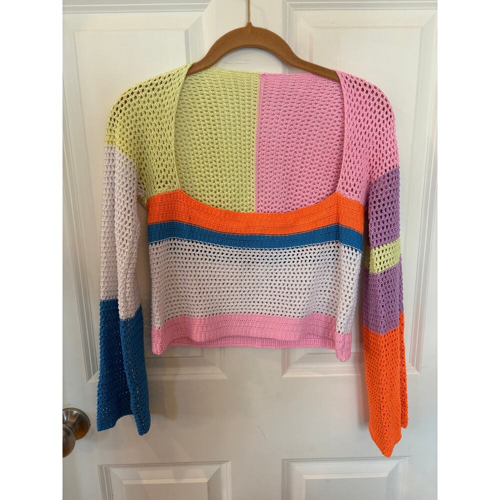 Crocheted Cropped Long Sleeve Sweater Neon Size M